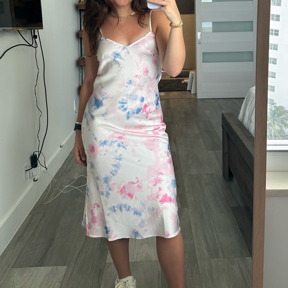 French Connection Pink and Blue Midi Slip Dress (Size 4)